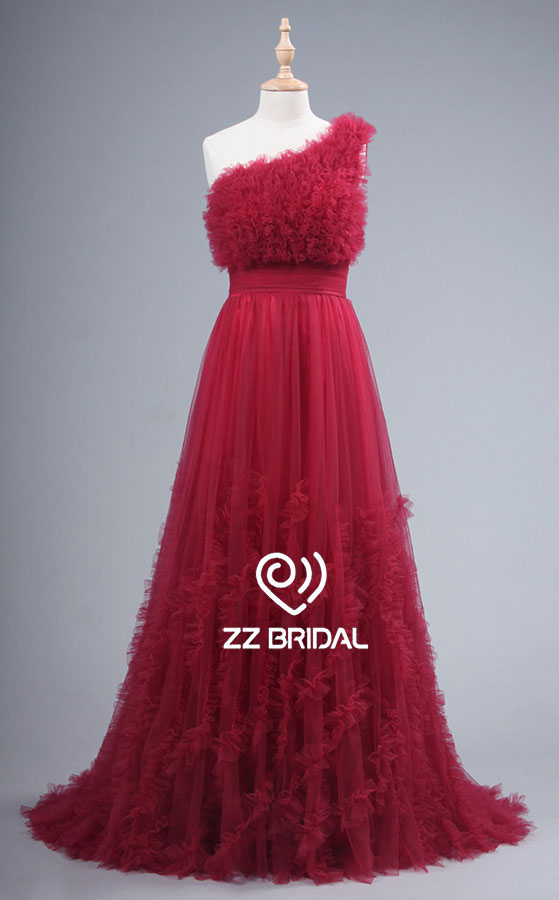 ZZ nupcial 2017 1 hombro rojo rizado Vestido de noche largo