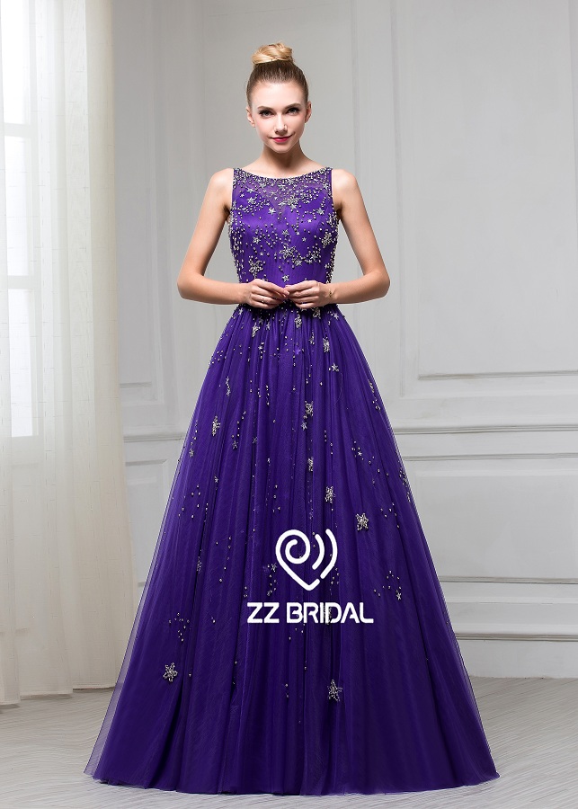 ZZ nupcial 2017 sin mangas de cuentas púrpura de una línea de largo vestido de noche