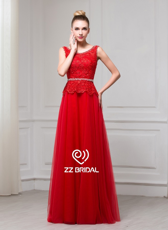 ZZ nupcial 2017 sin mangas de encaje apliques rojo una línea de largo vestido de noche