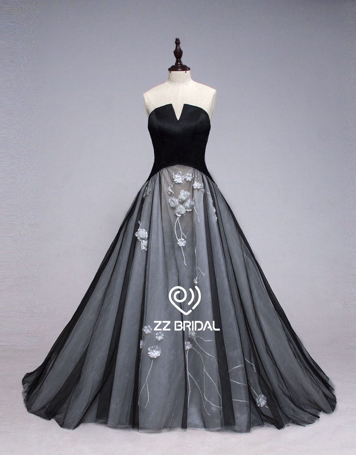 ZZ nupcial 2017 sin mangas de negro sin tirantes vestido largo de una línea de noche
