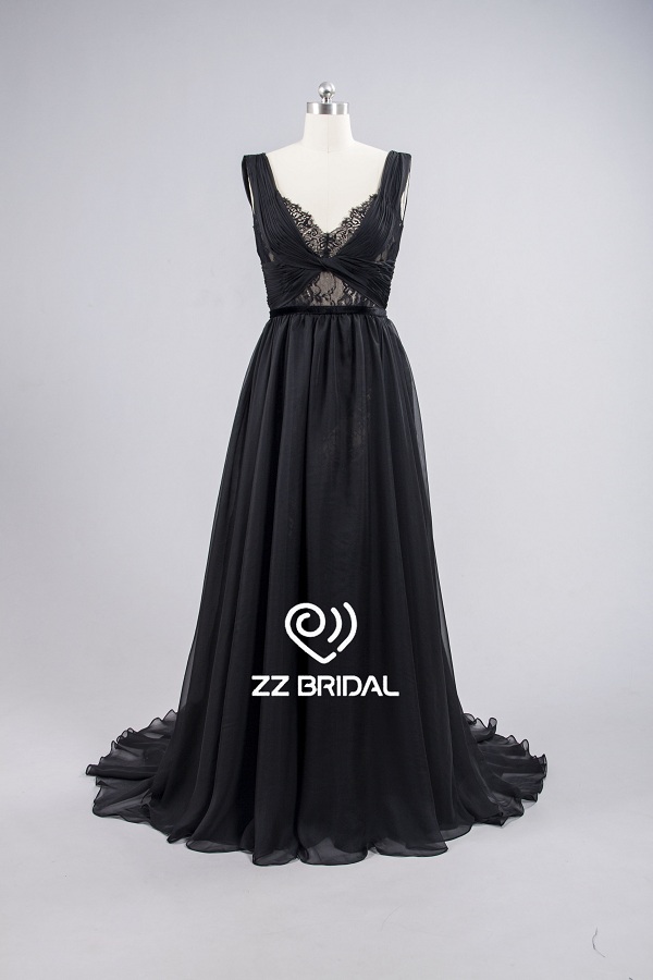 ZZ bridal V-neck and V-back velvet ruffled A-line long evening dress