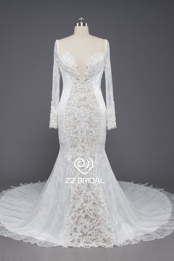 ZZ nupcial 2017 V-pescoço e manga comprida cachecol vestido de casamento lace