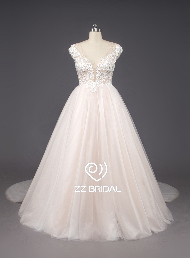 ZZ nupcial v-Neck strapless renda aplicada a-line vestido de noiva