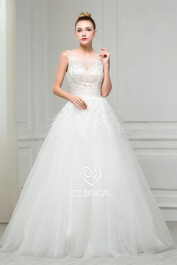 ZZ bridal boat neck feather lace appliqued A-line wedding dress