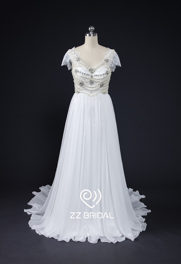 zz الزفاف كاب--الأكمام مطرز ثوب الزفاف الشيفون