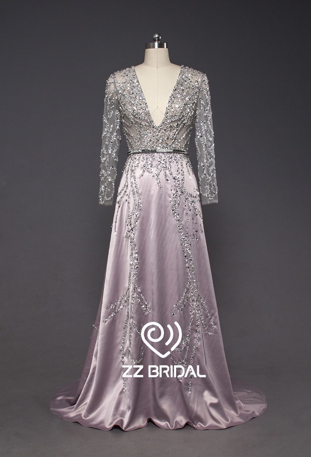 ZZ bridal deep V-neck  long sleeve beaded A-line long evening gown
