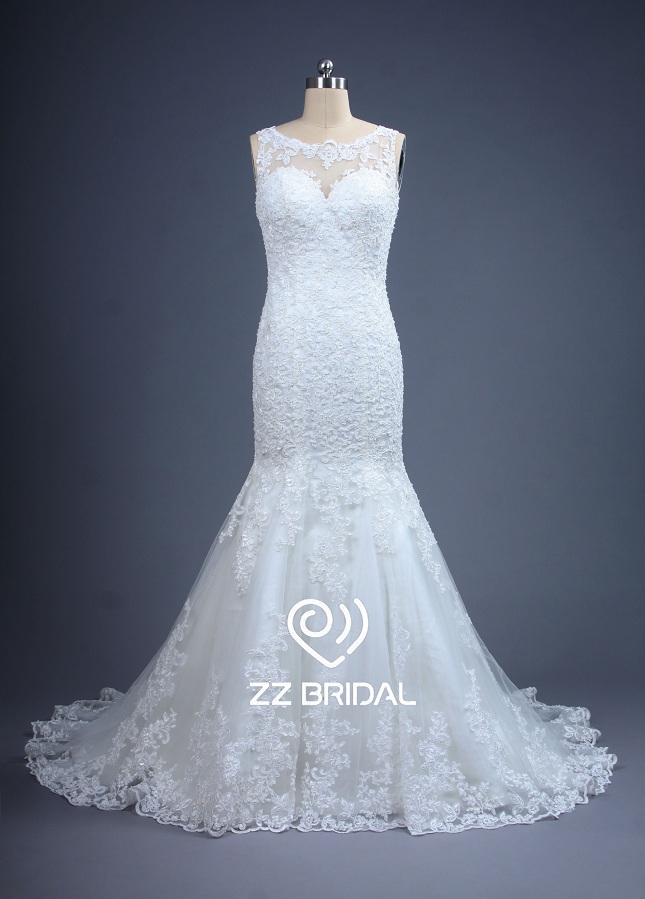 ZZ bridal illusion neckline lace appliqued mermaid wedding dress