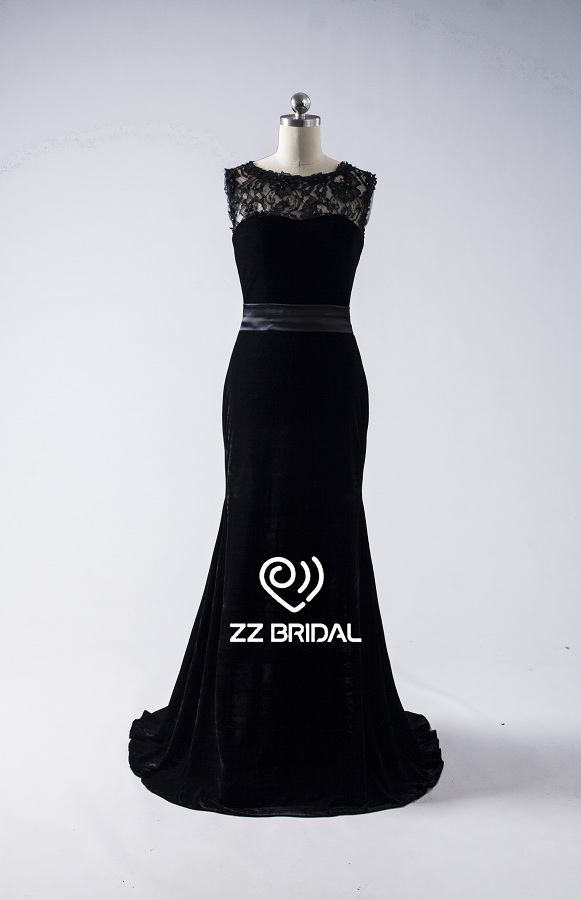 ZZ bridal illusion neckline lace appliqued velvet A-line long evening dress