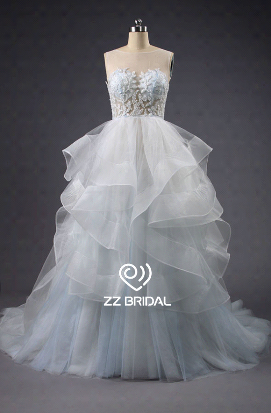 ZZ bridal illusion neckline ruffled beaded A-line wedding dress