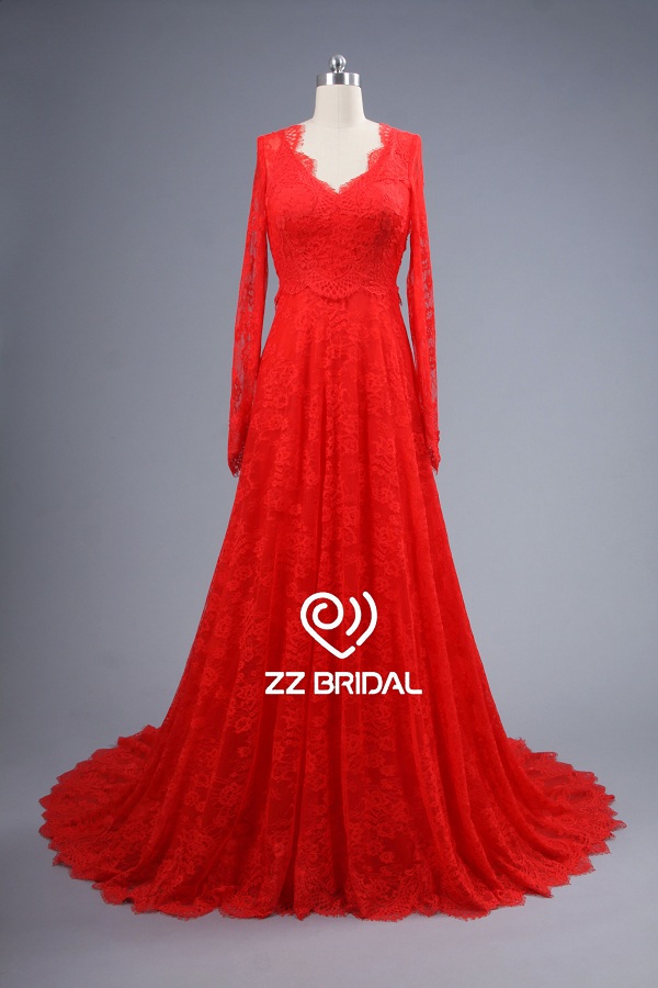 ZZ Bridal manches longues v-Neck dentelle rouge a-line robe de soirée longue