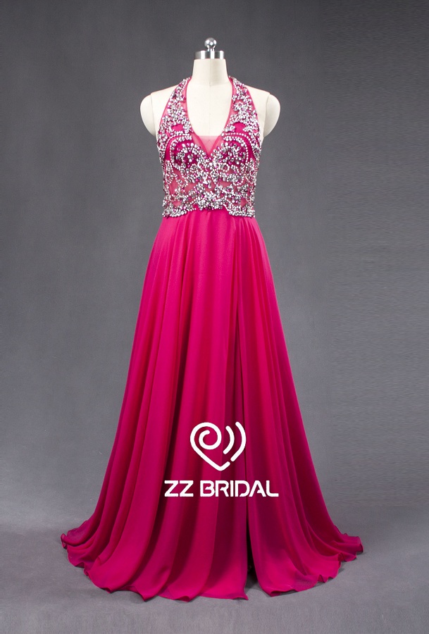 ZZ Bridal sexy Halter perles en mousseline de soie a-line long robe de soirée