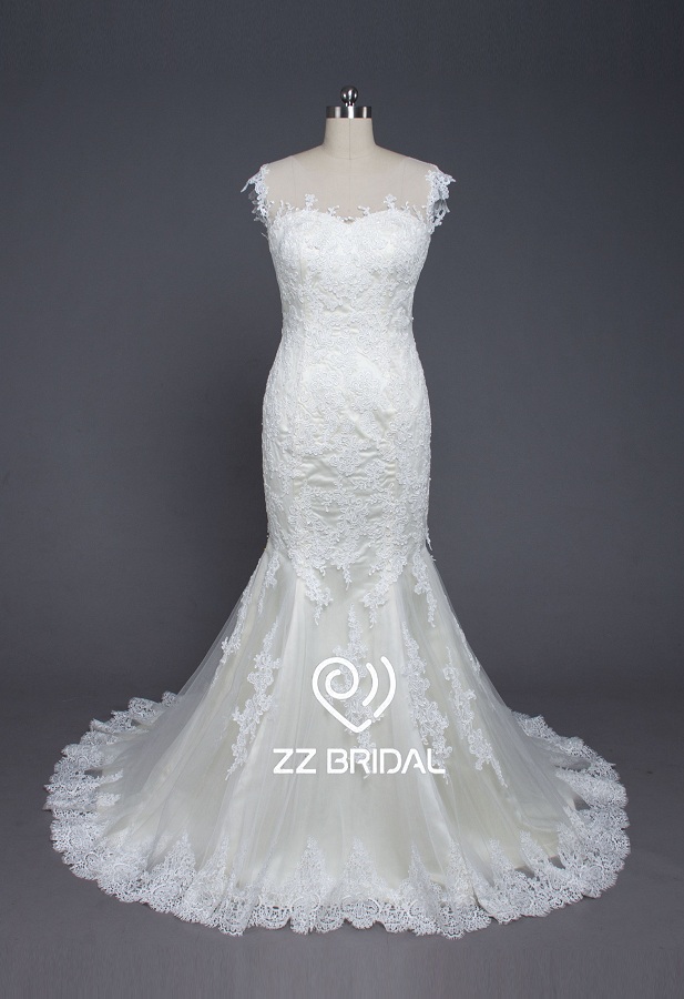 ZZ bridal sexy see through back lace appliqued wedding dress