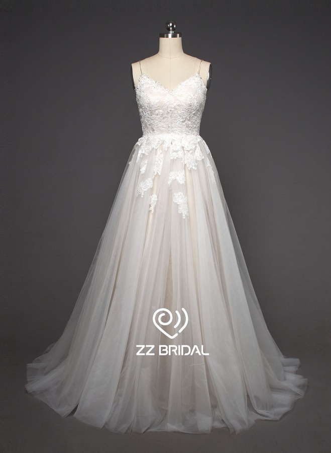 ZZ bridal spaghetti strap lace appliqued A-line wedding dress