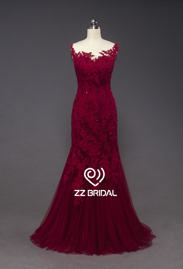 ZZ bridal spaghetti strap lace appliqued red mermaid long evening gown