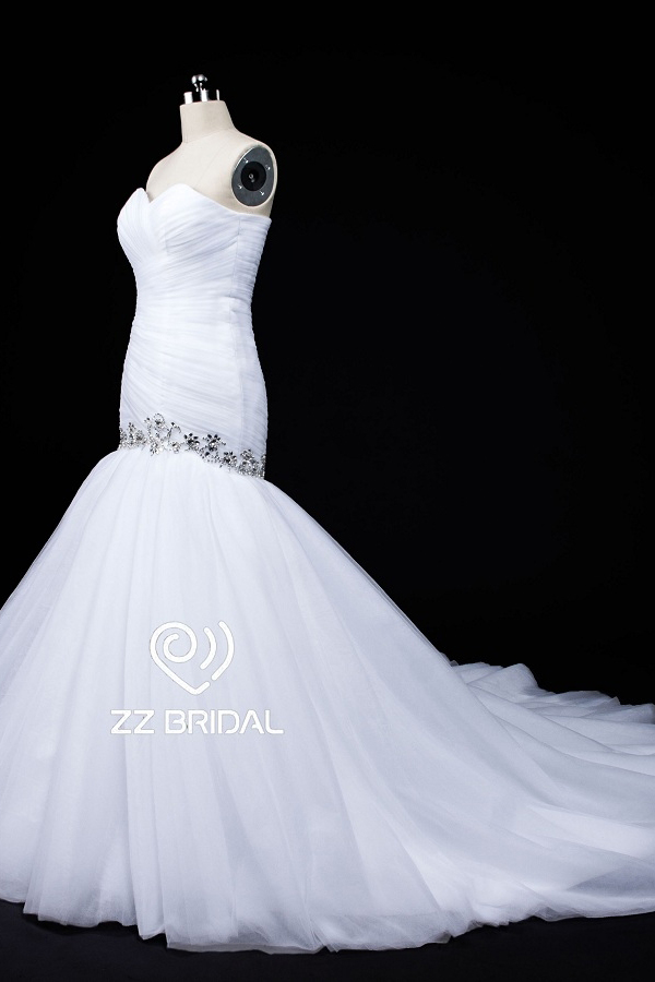 ZZ nupcial 2017 escote corazón con cuentas vestido de novia con volantes sirena