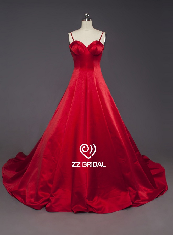 ZZ bridal sweetheart neckline spaghetti strap red A-line long evening gown