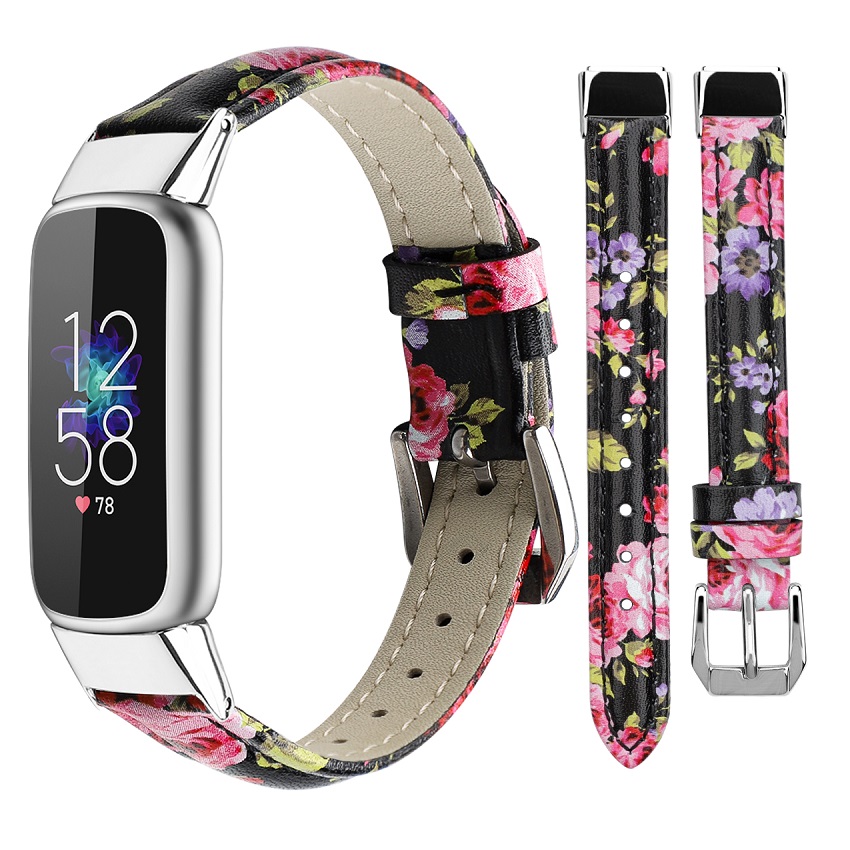 Correa de banda de reloj de cuero genuino impreso floral CBFL08 para Fitbit Luxe Smart Fitness Watch