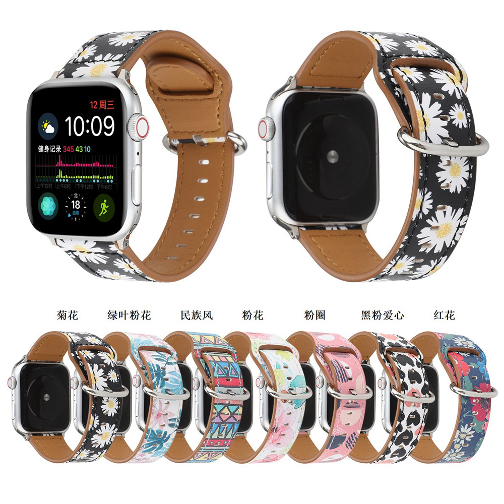 CBIW215 Flower Printing Genuine Leather Watch Band For Apple Watch 38mm 42mm 40mm 44mm