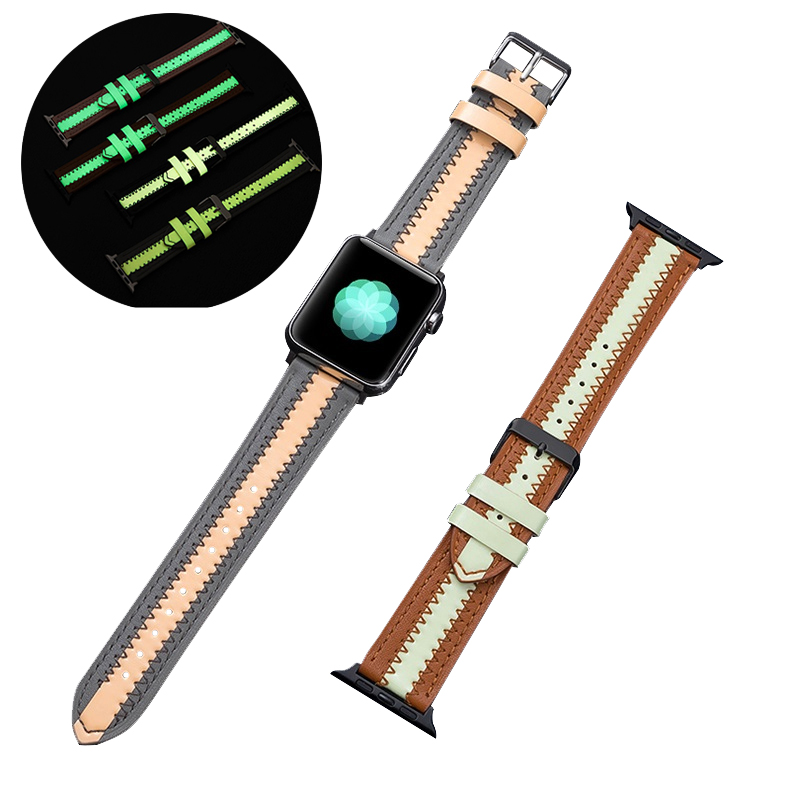 CBIW404 Glow in The Dark Luminous Fluorescence Genuine Leather Watch Strap For Apple Watch