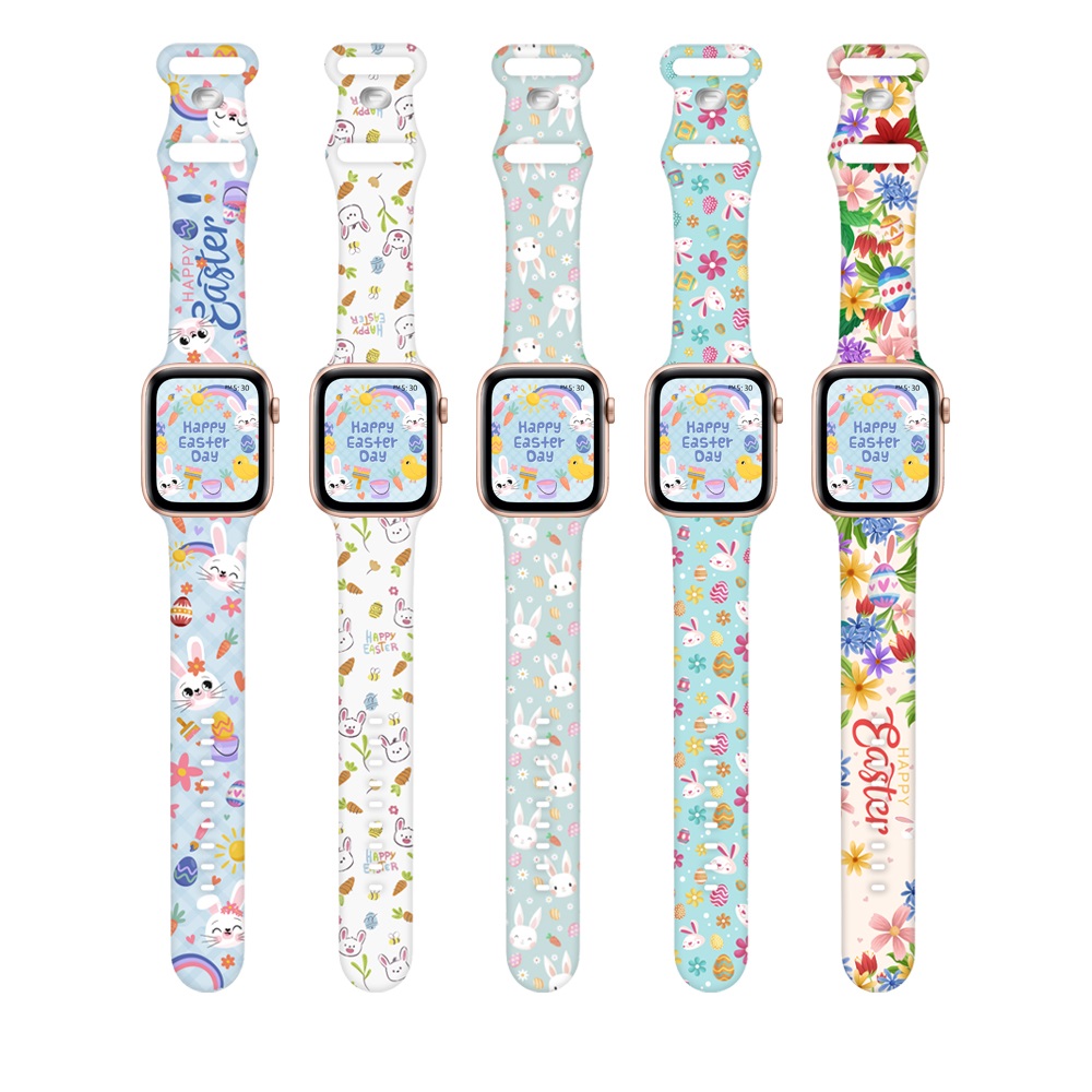 CBIW484 OEM Diseño personalizado Día de Pascua Huevo Conejo Lily Flower Print Bandas de reloj de silicona para Apple Watch 38mm 40mm 42mm 44mm 41mm 45mm