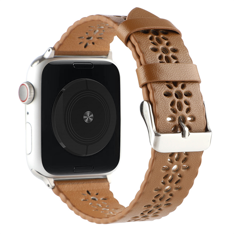 CBIW517 Patrón de ciruela Hollow-Out Correa de reloj de cuero genuina para Apple Watch Series 7 SE 6 5 4 3 2 1