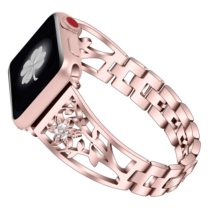 CBIW52 Floral-shaped Hollow-out Diamond Stainless Steel Watch Band For Apple Watch