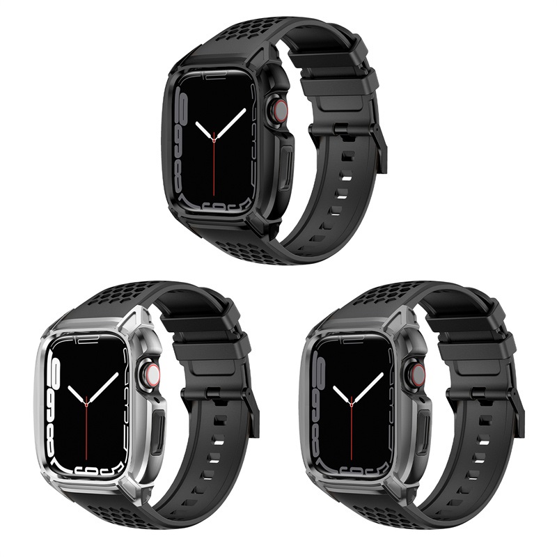 CBIW542 Remplacement Silicone Watch Wrist Bandle pour Apple Watch 44mm 45 mm avec étui de protection en métal