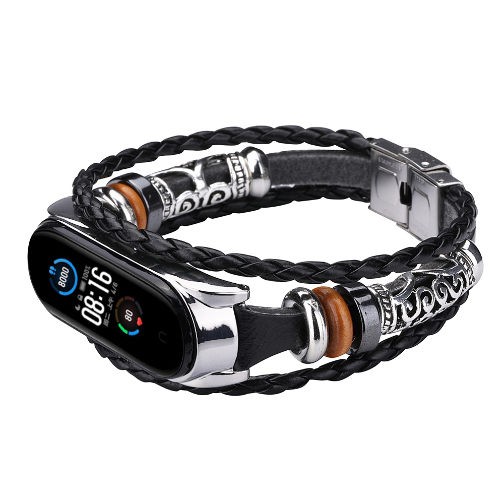 CBXM530 Ethnic Style Beaded Weave Leather Wrist Strap For Xiaomi Mi Band 5 Smart Bracelet