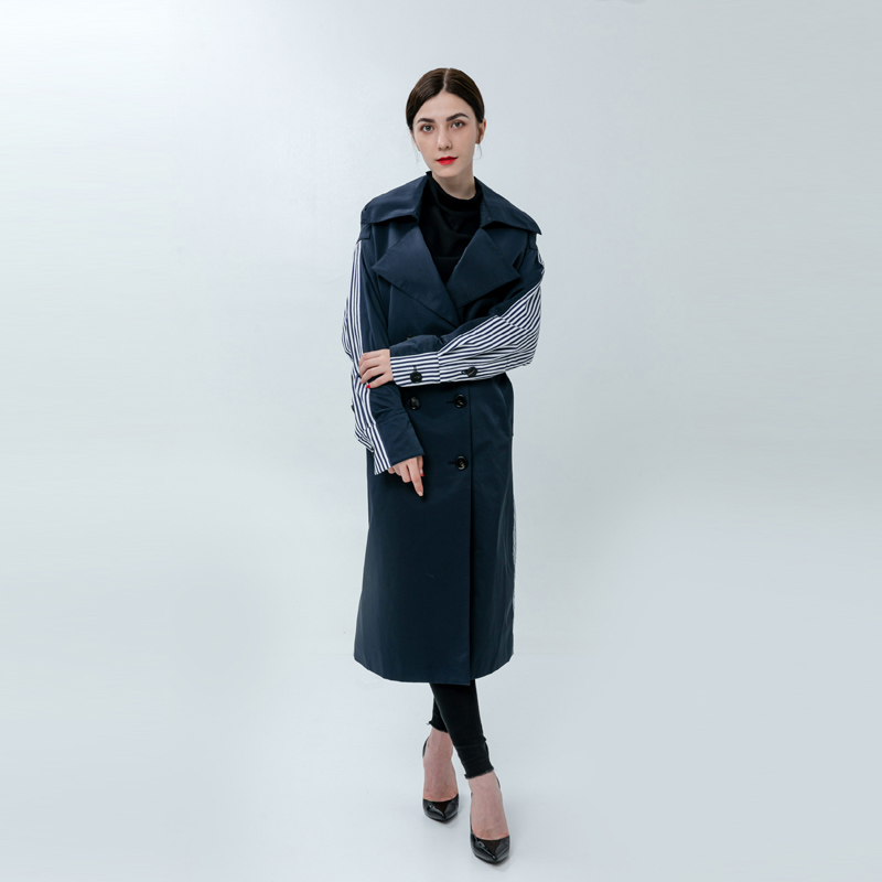 Ladies Trench Coat Trimmed with Striped Sleeves
