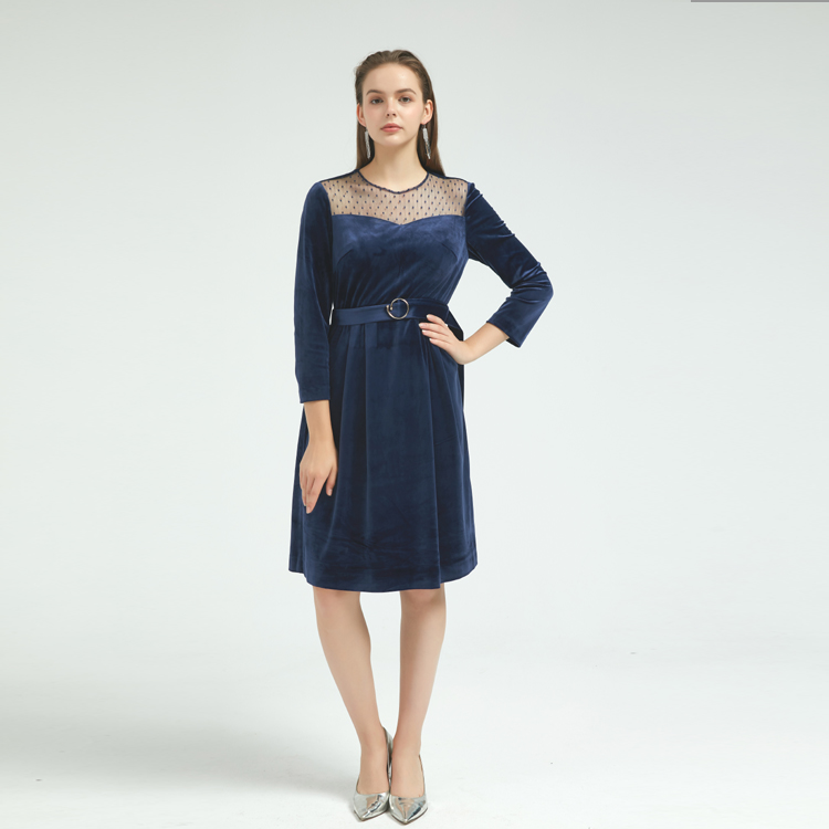 Velvet Ladies Dress Trimmed with Mesh China ODM