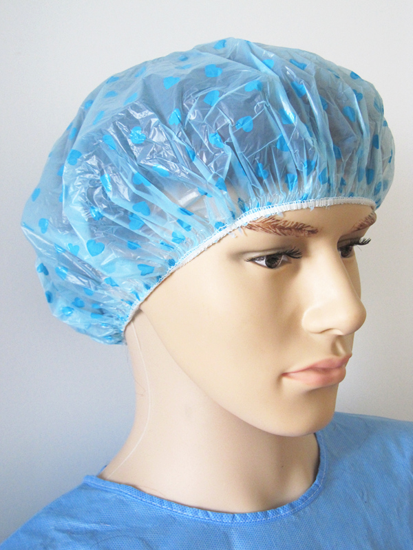 Disposable PE Bath Hat with Heart-Shaped in Blue