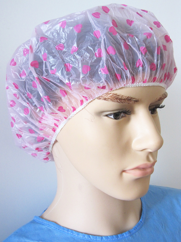 Disposable PE Shower Cap with Heart-Shaped in Pink