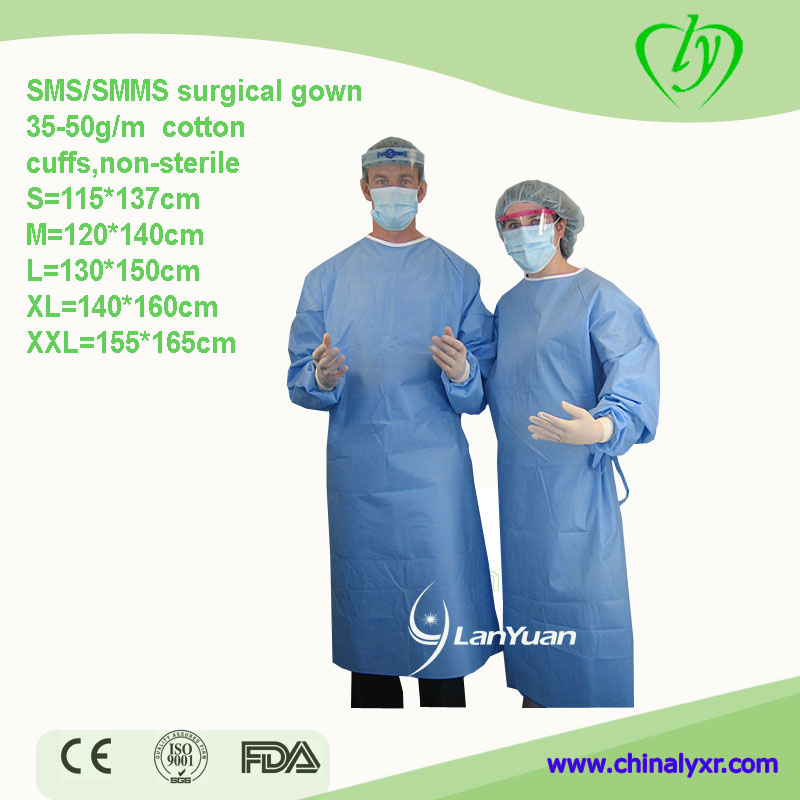 Disposable SMS SMMS surgical gown with knitted cuffs