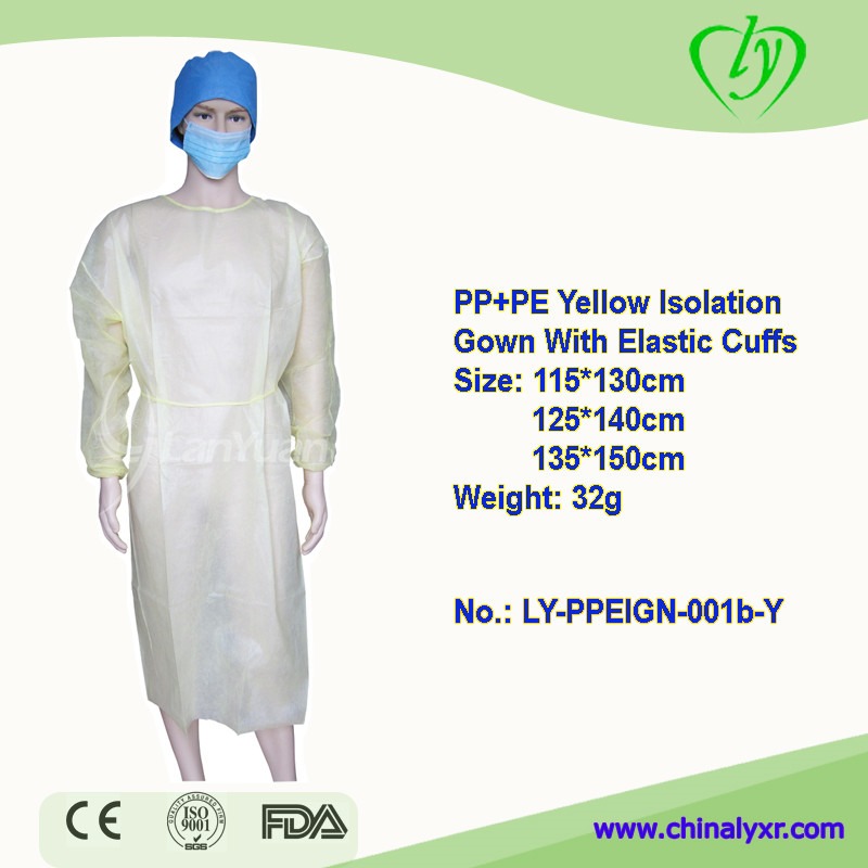 Disposable pp+pe Isolation Gown Yellow Color With Elastic Cuffs
