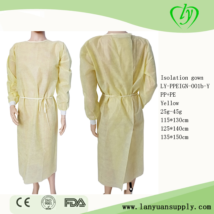PP+PE Yellow Disposable Hospital Medical Isolation Gowns with Kintted Cuffs