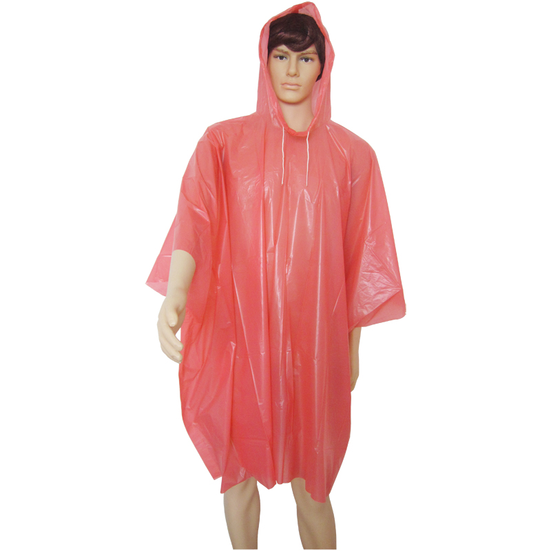 Red Disposable PEVA Red Poncho Hooded With String