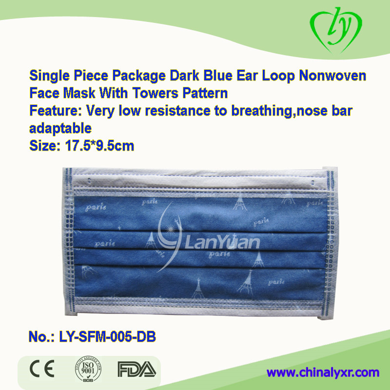 Single-piece Package Dark Blue Nonwoven Face Mask With Towers Patter