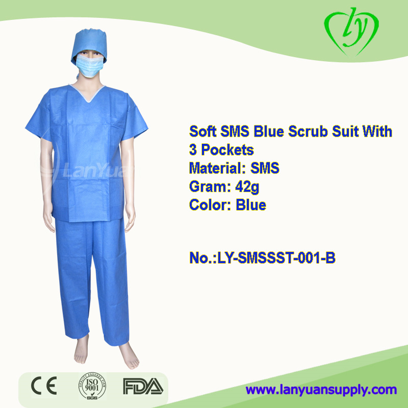 Soft SMS V-collar Blue Scrub Suit With 3 Pockets