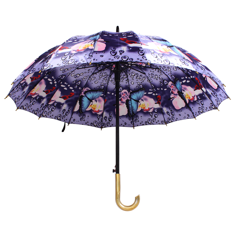 Parapluie à poignée incurvée en plastique imperméable doré de bâton de satin de 16k 16k