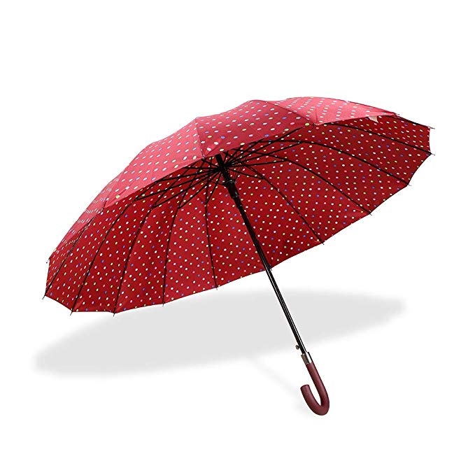 Classic Red 50 Inches Polka Dot Print 16 Ribs Automatic Open Windproof Waterproof Stick Umbrellas with J Handle
