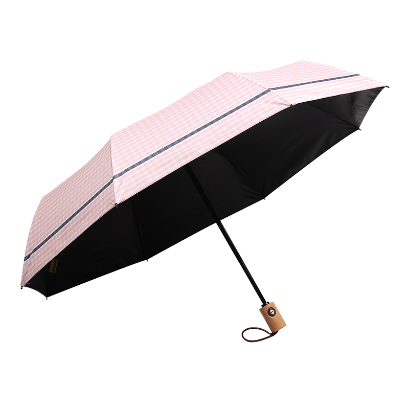 Full auto open fold pongee black coating sunproof china factory umbrella with wooden handle