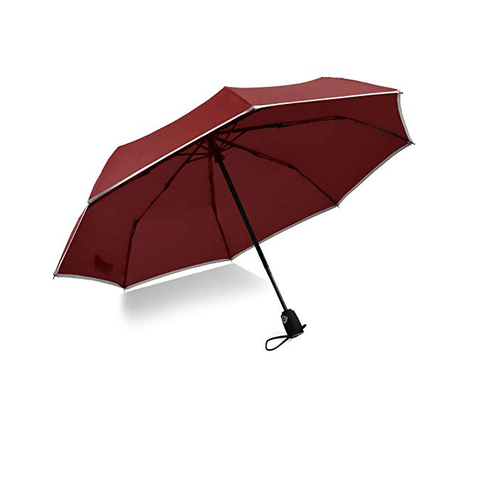 高品质防风可折叠雨伞95厘米8肋玻璃纤维框架3折叠伞带反光背带