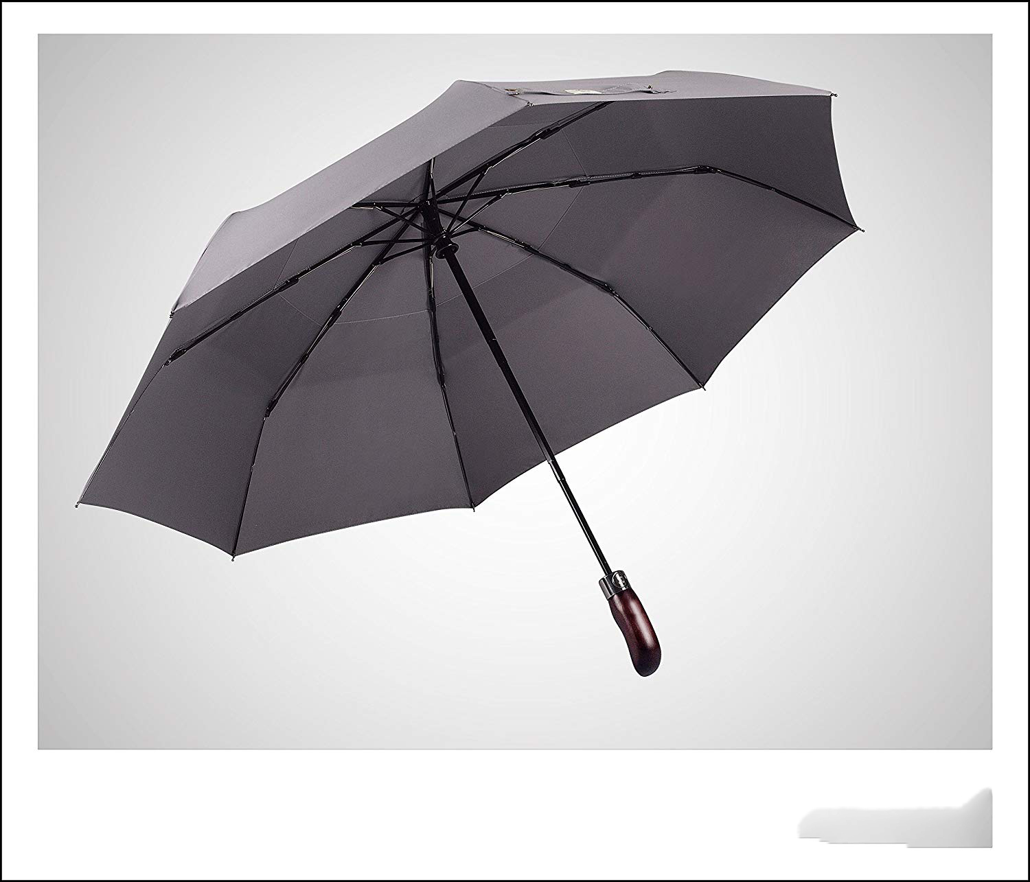 Parapluie pliant à double ventilation avec poignée en bois à nervures en fibre de verre de haute qualité