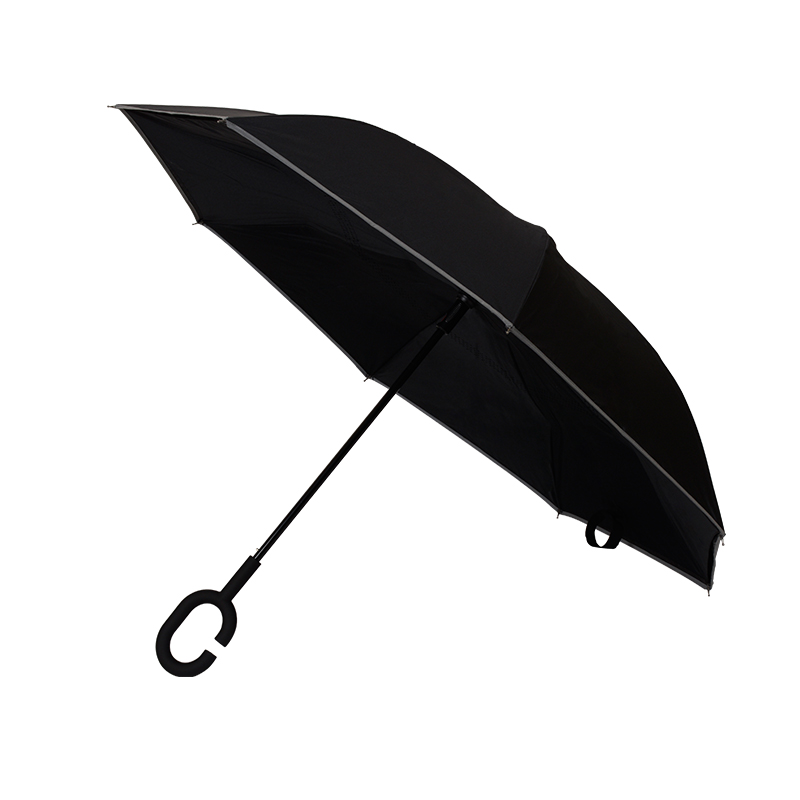 High Quality Custom Windproof Double Layer Inside Out Reverse Inverted Black Umbrella with reflective border