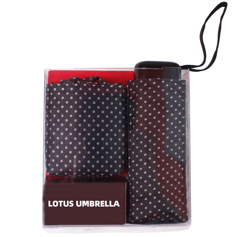 Nuevos artículos de Shaoxing Factory Patrón de lunares Súper Mini Juego de regalo de paraguas de 5 pliegues con bolsa