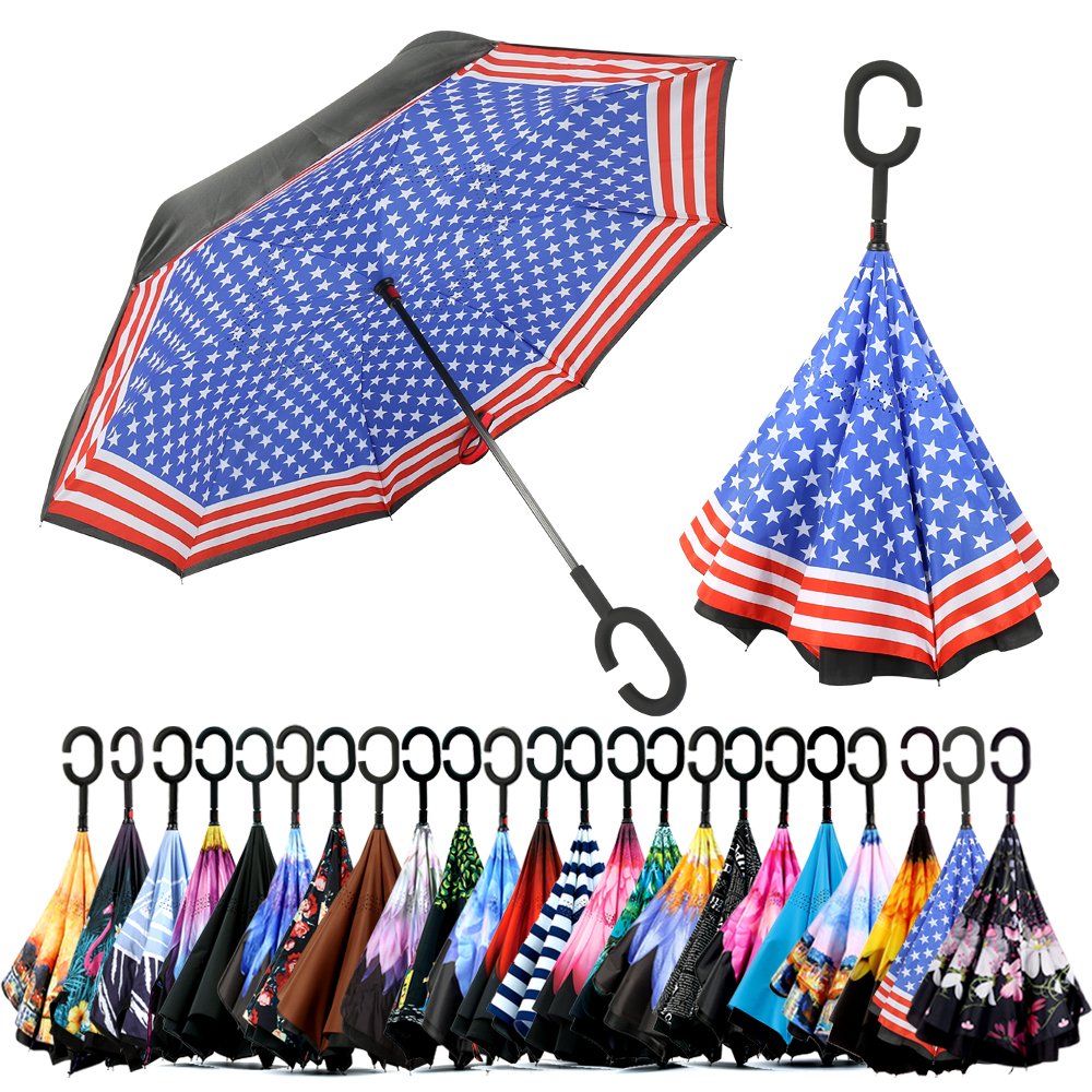Ready stock umbrella windproof double layer Logo printed promotional custom reverse inverted umbrella