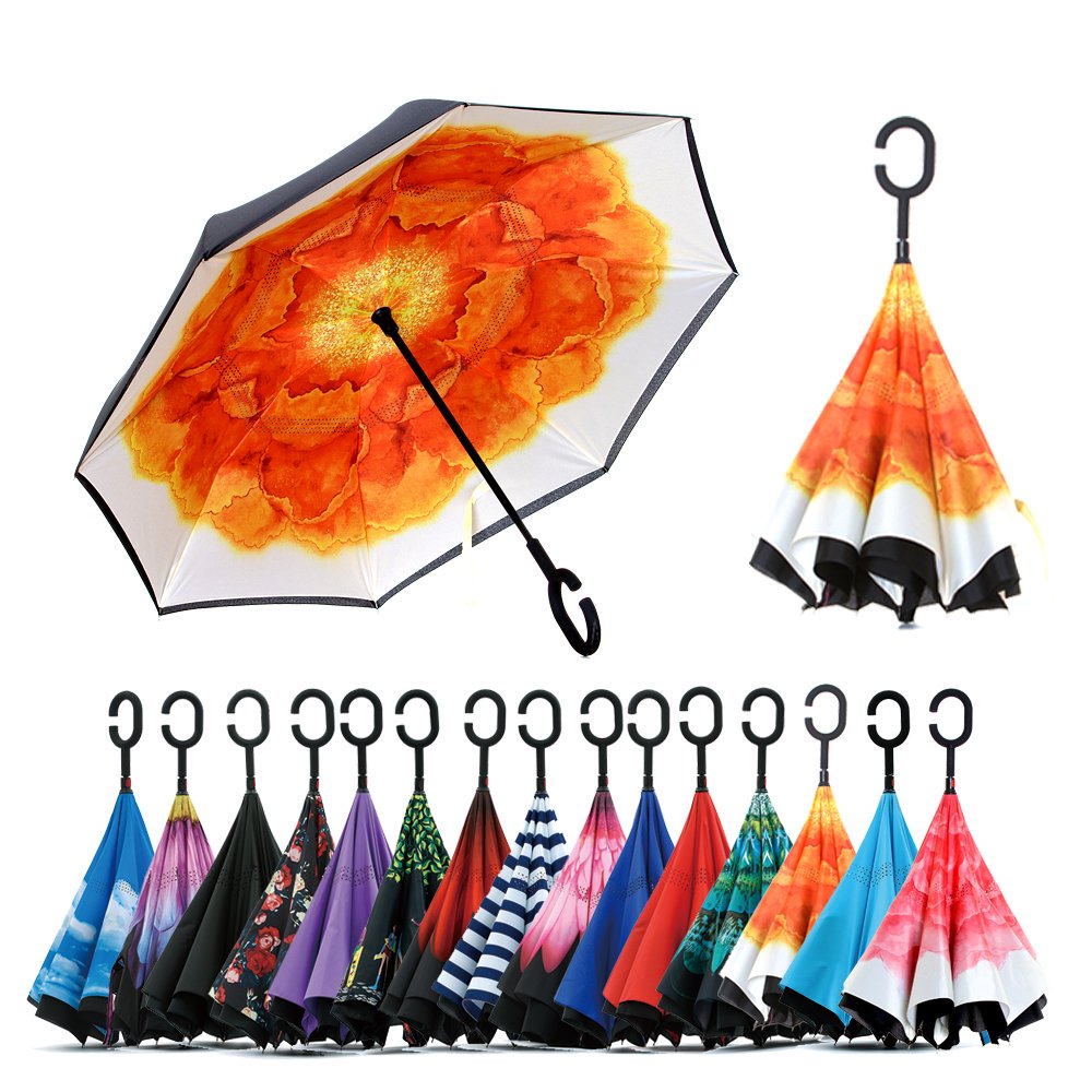 도매 주문 C 손잡이 자동적 인 차 옥외 겹켜 반전 반전 된 우산