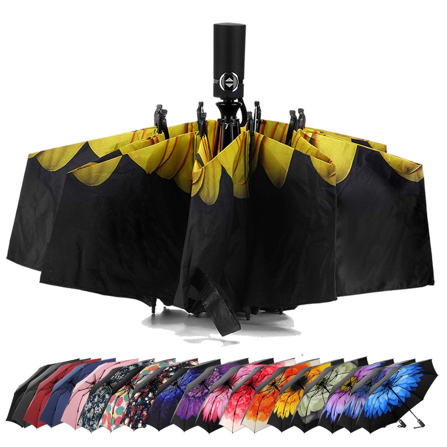 Groothandel ondersteboven winddicht Zonnebloem Print Binnen automatisch 3 opvouwbare omgekeerde paraplu met zwarte UV-coating