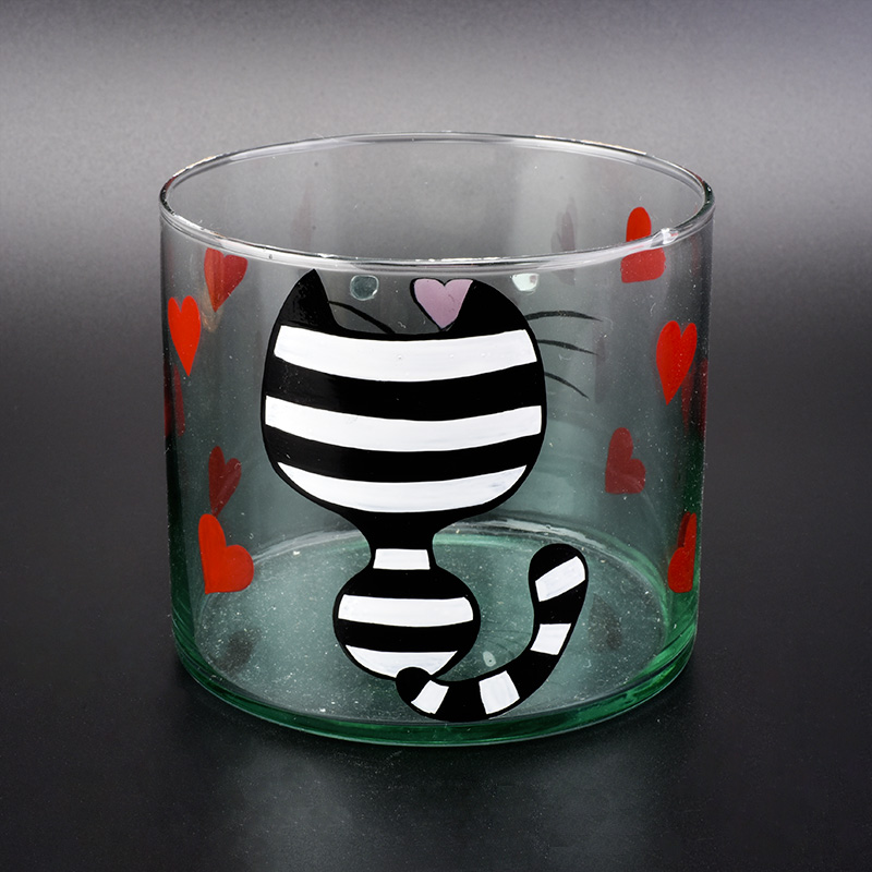 手描きの猫のパターンと直径10cmのシリンダーガラス容器