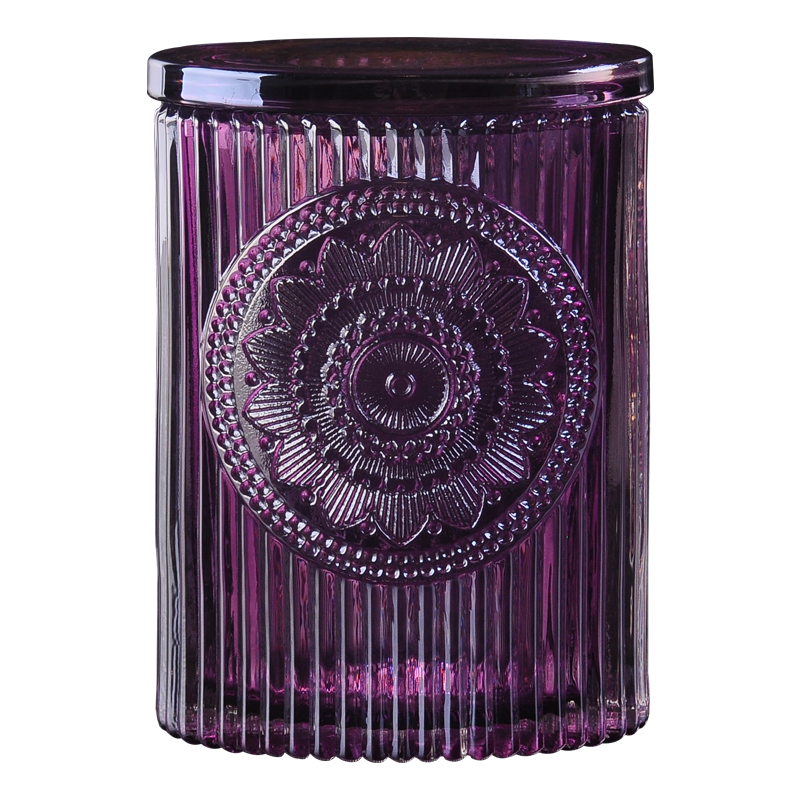 10盎司彩色蜡烛容器带盖椭圆形浮雕圆形花设计